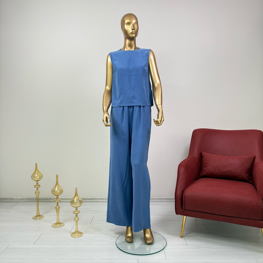 İndigo Kolsuz Buluzlu Palazzo Pantolonlu Tencel Takım