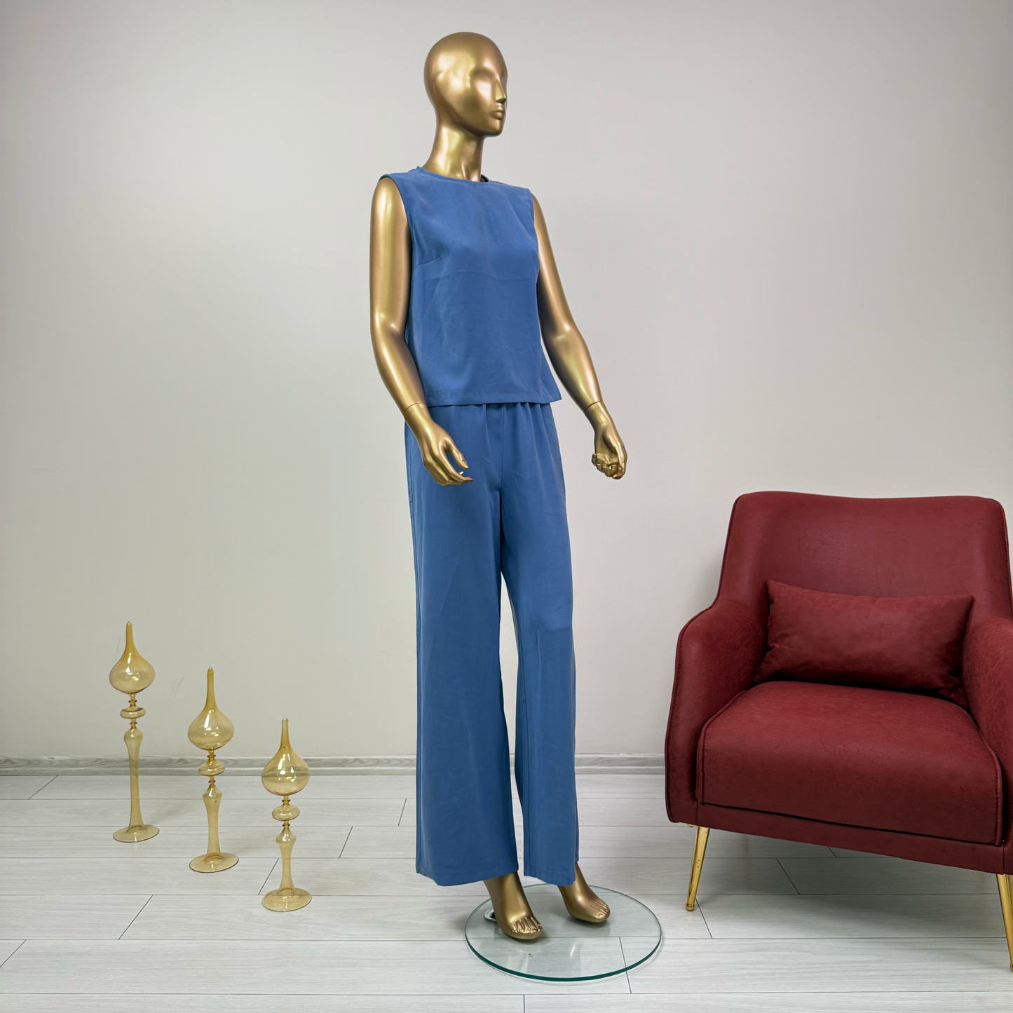 İndigo Kolsuz Buluzlu Palazzo Pantolonlu Tencel Takım