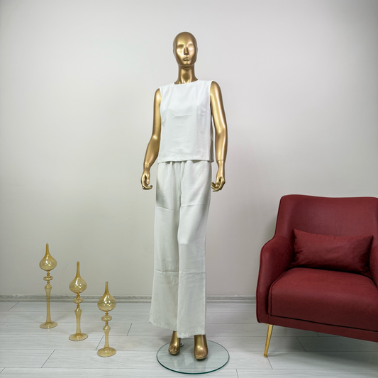 Ekru Kolsuz Buluzlu Palazzo Pantolonlu Tencel Takım