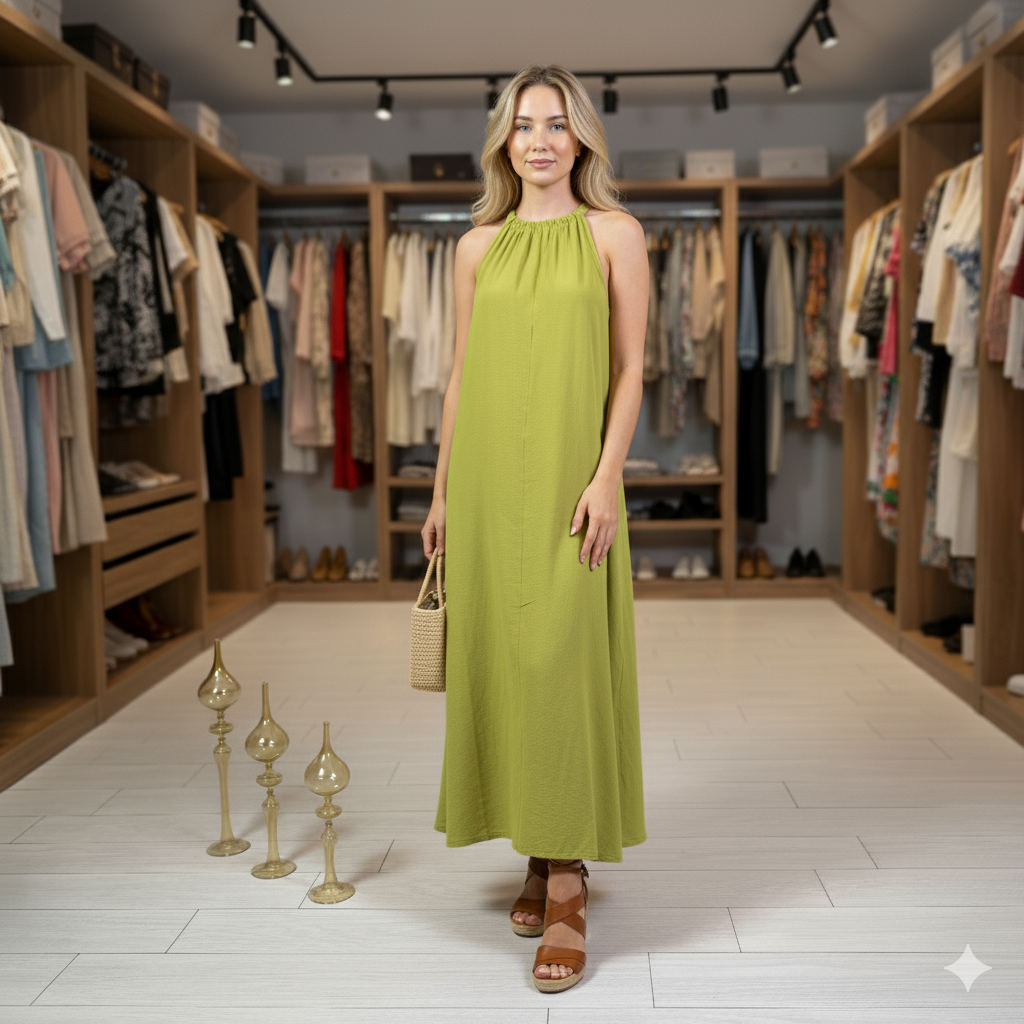 Hardal Omuzdan Bağlamalı Elbise